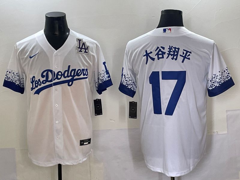 Men Los Angeles Dodgers 17 Ohtani White blue City Edition Nike MLB Jersey style 7